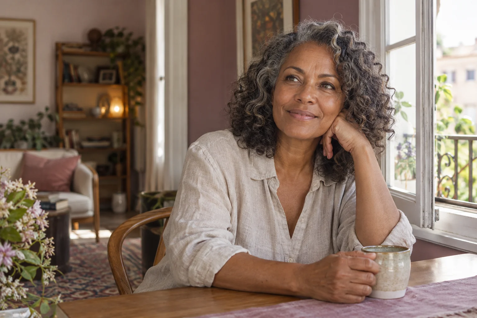 Fictional woman with curly salt-and-pepper hair sitting by a sunlit window with a ceramic mug
